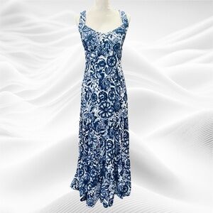 Lauren Ralph Lauren Sleeveless Maxi Dress Sz 4 Ikat Blue‎ White Beach Island